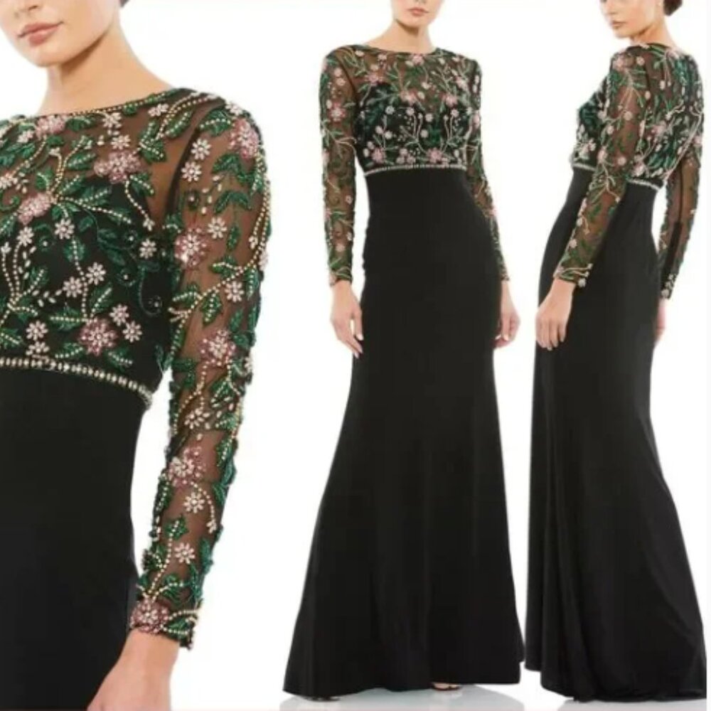MAC DUGGAL 67870 BEADED ILLUSIONS HIGH NECK TRUMPET BLACK JERSEY GOWN sz 20